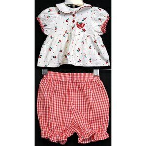 90s Baby Girl Dior Cherry 2pc Dress Plaid Bloomer Newborn 0-3 M Red White Summer